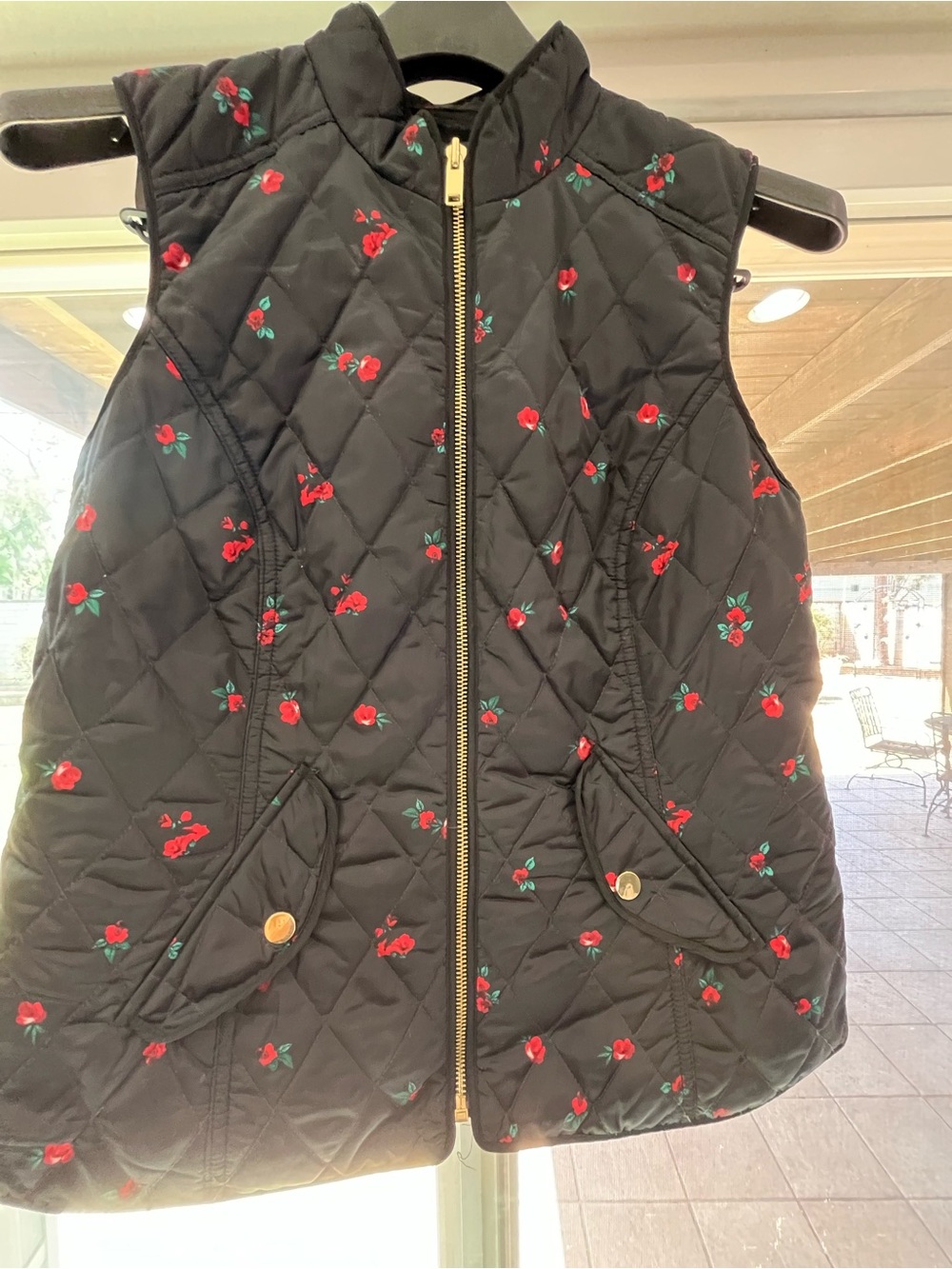 Charter Club Black Quilted Vest with Red Floral Embroidery